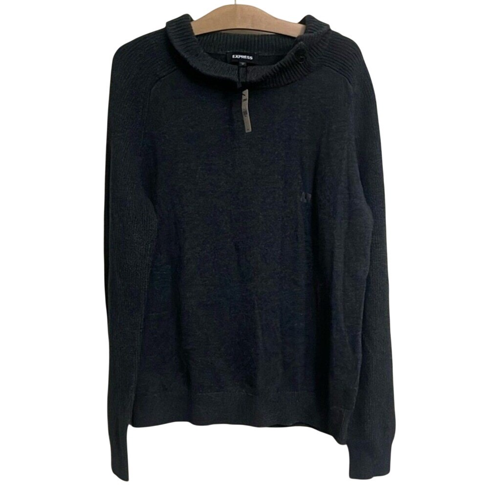 Express Mens Charcoal Gray Wool Blend Mock Neck Button‎ Sweater Large NWT
